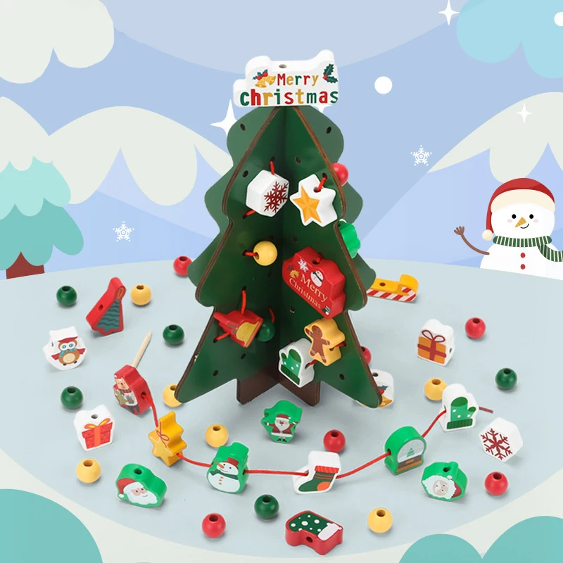 

Christmas Wooden Toys Christmas Tree Dress Up Game Building Block Threading Stacking Montessori Education Toy Xmas Gift for Baby