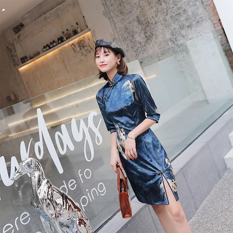 Cheongsam улучшенная версия Осень кран модные молодая девушка студентка платье