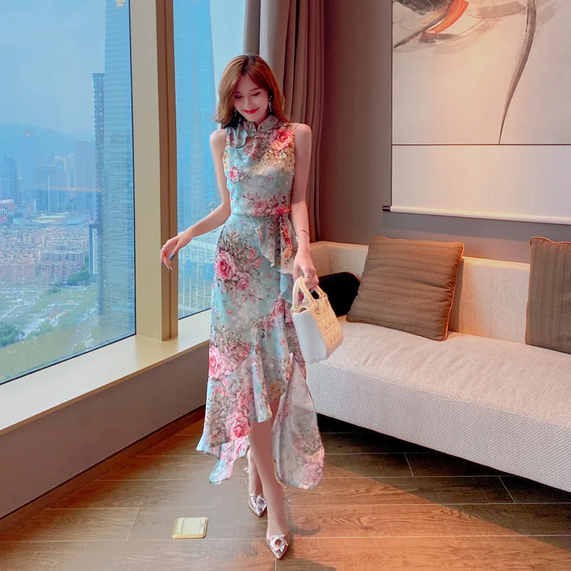 

Printed sleeveless sexy fishtail suit skirt light mature wind woman 2020 summer new temperament two-piece suit