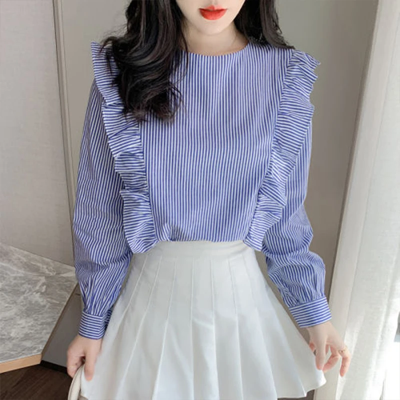 

Women's Spring Autumn Style Blouses Shirts Women's Long Sleeve O-neck Ruffles Striped Korean Casual Tops SP694