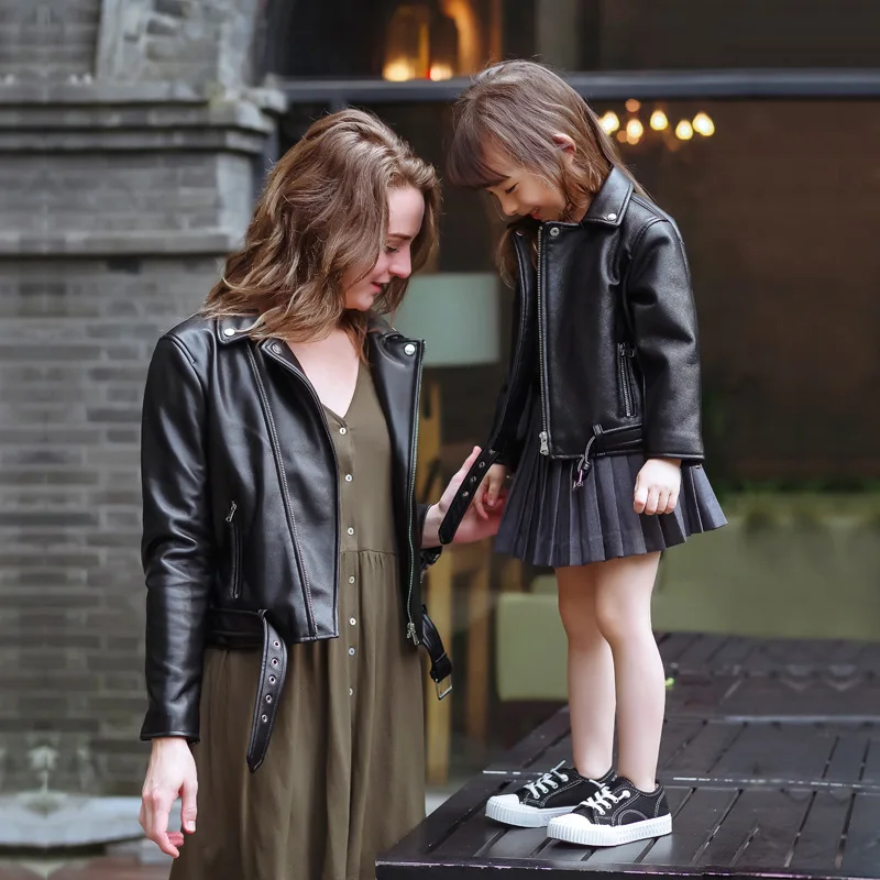 Family Matching Outfits Faux Leather Jacket Ladies PU Slim Black Zipper Biker Coat Mom and Me Outwear Coats Leather Jacket Women