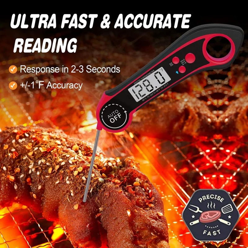 

Instant Read Food Thermometer Waterproof Digital Meat Thermometer Foldable Probe for Cooking, BBQ, and Grill (Red)