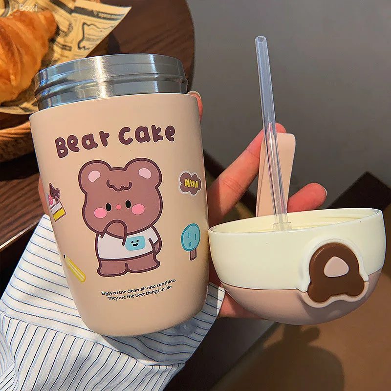 Термокружка Ins Kawaii Bear из нержавеющей стали вакуумная детская соломенная бутылка
