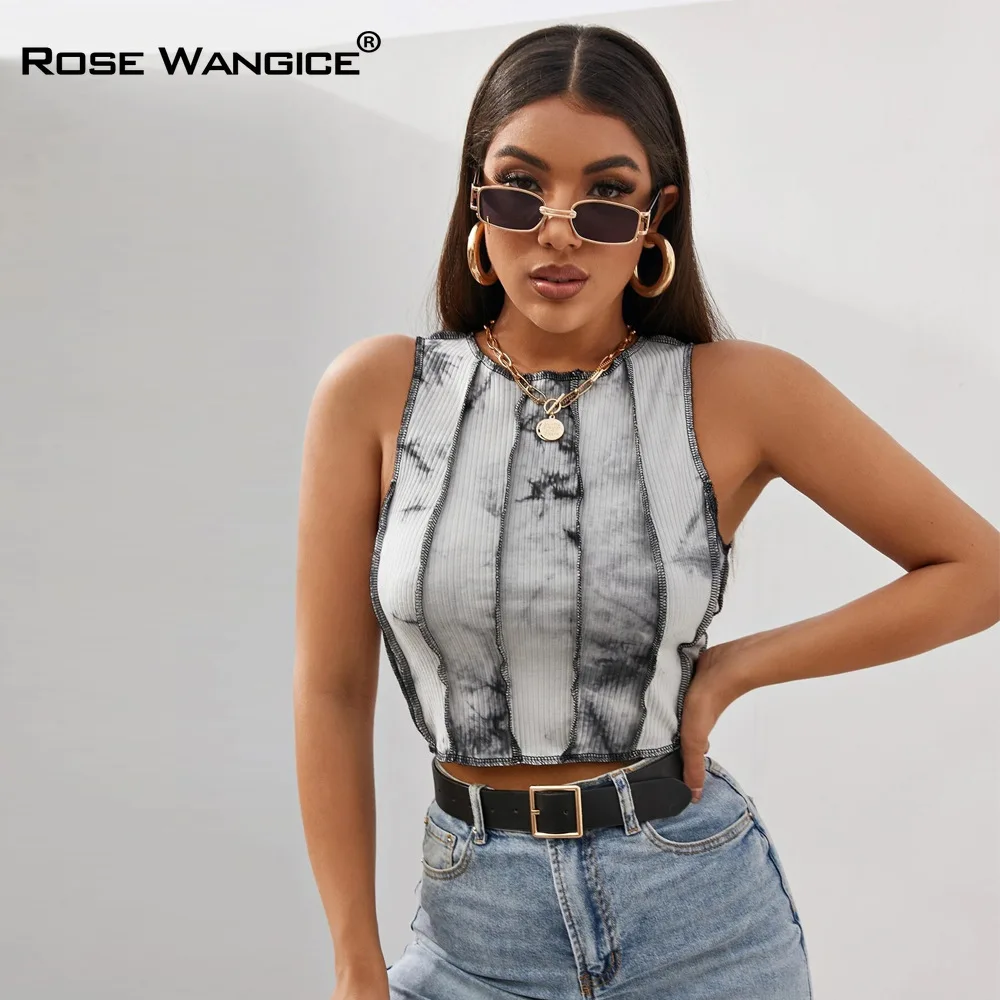 

Fashion Tie-dye Short T-shirt 2021 Women Summer Car Sewing Line Outside The Car Round Collar Street Popular Casual Sports Vest
