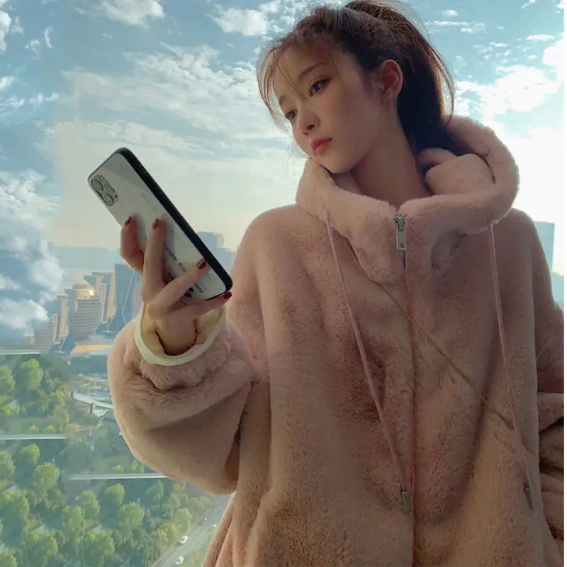 

Женская зимняя модная куртка из искусственного меха кролика рекс 2021, женские свободные повседневные пальто с капюшоном, Женская однотонная...