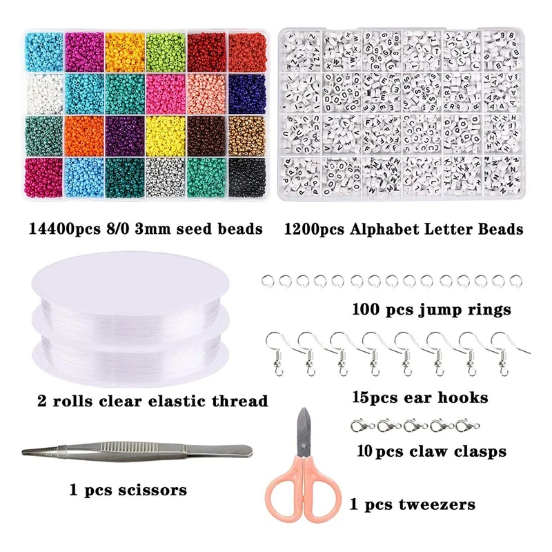 

Beads Kit,Greentime 14400Pcs 3mm Glass Seed Beads with 1200 Pcs Alphabet Letter Beads for Jewelry Bracelets Making