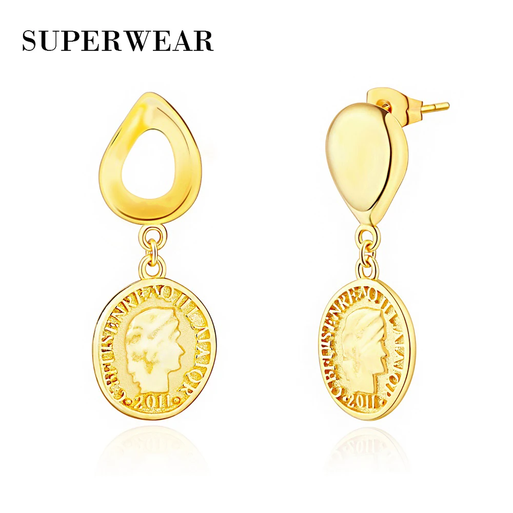 SUPERWEAR, 925 пробы, серебряные, асимметричные серьги с подвеской, желтое золото, цвет древняя монета, женские серьги-капли, винтажные ювелирные изделия - Окраска металла: Gold Coin Earrings