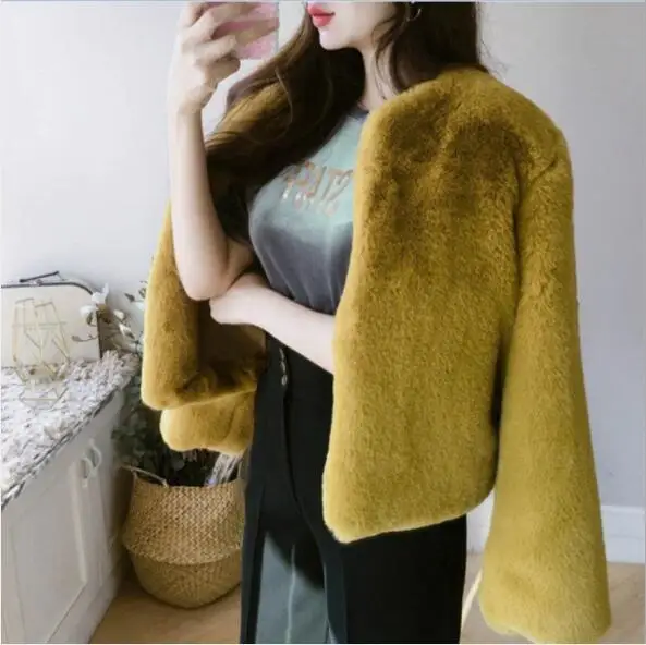 

Chic Imitation Fox Fur Furry Coat Faux Rex Rabbit Fur Bomber Coat Women Fall Winter Flocking Warm Cardigan Long Sleeve Tops