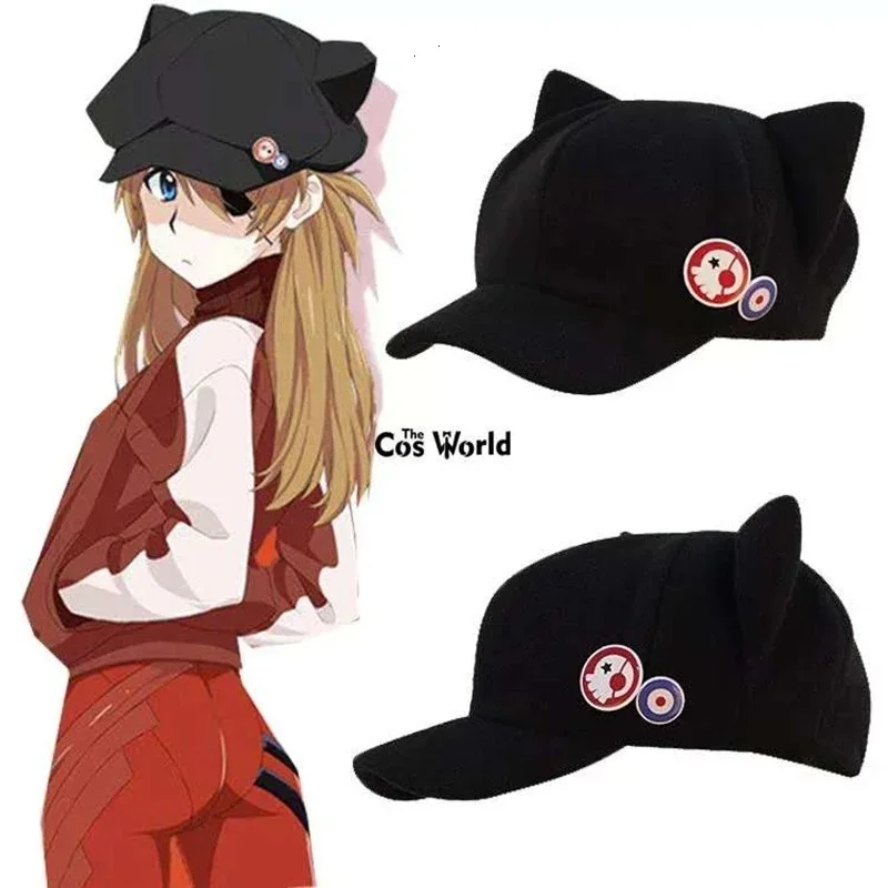 

10pcs New Century Evangelion EVA Asuka Baseball Cap Summer Net Cat Ears Fashion Cute Hat Hip Hop Snapback Bone Gorras Black