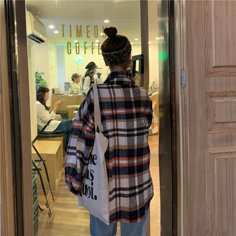 Корейская клетчатая рубашка женская одежда Harajuku однобортная Осенняя рубашка с длинными рукавами женская рубашка большого размера с отворотом Женская