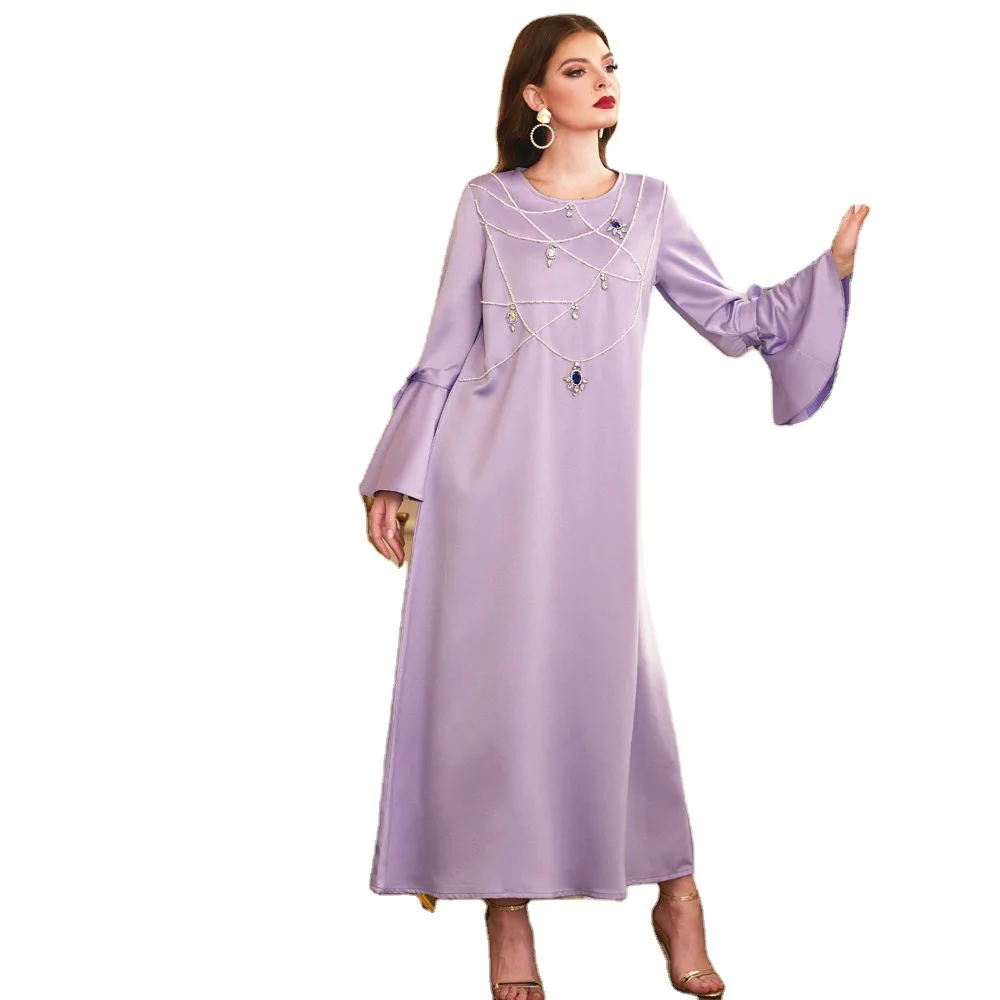 

Light Purple Satin Lotus Leaf Sleeve Robe Middle East Ramadan Muslim Summer Middle East Dubai Abaya Robe Fashion Kaftan Dress