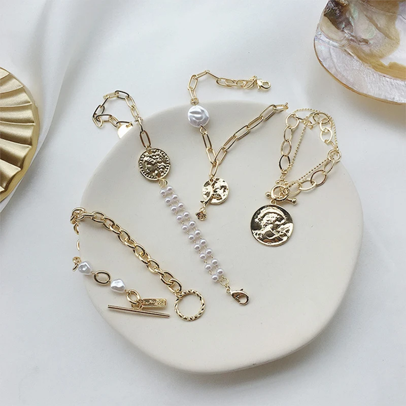 Peri'sbox 4 стиля Золотой браслет с застежкой розовый очаровательный с жемчугом браслеты Винтаж монета с портретом двойной браслет из Жемчужной цепи Femme