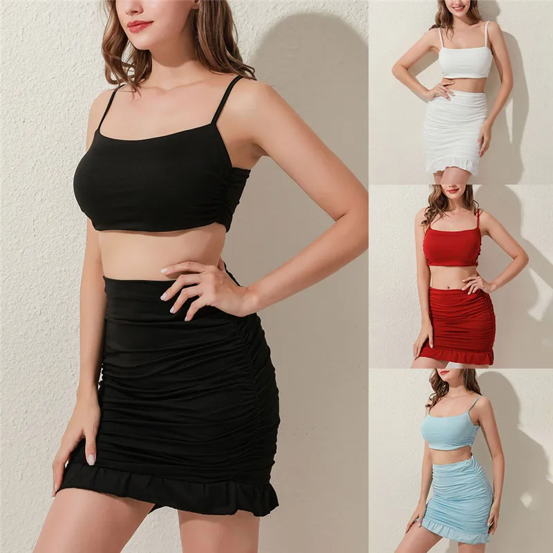 

Woman Spaghetti Straped 2 Piece Set Ladies Sexy Bodycon Dress Off Shoulder Ruffles Tank Top + Mini Skirt For Female