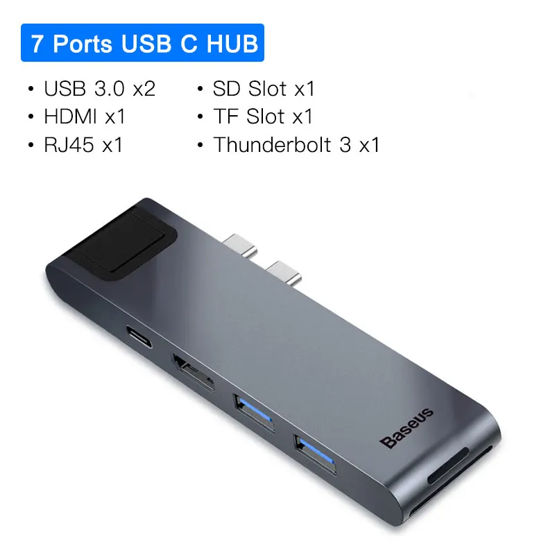 7 in 1 USB C HUB Baseus Dual Тип-C 7in1 USB 3,0 Тип C концентратор HDMI RJ45 адаптер для MacBook Pro OTG usb-хаб 3,0 PC компьютерных аксессуаров - Цвет: 7 in 1 USB C HUB