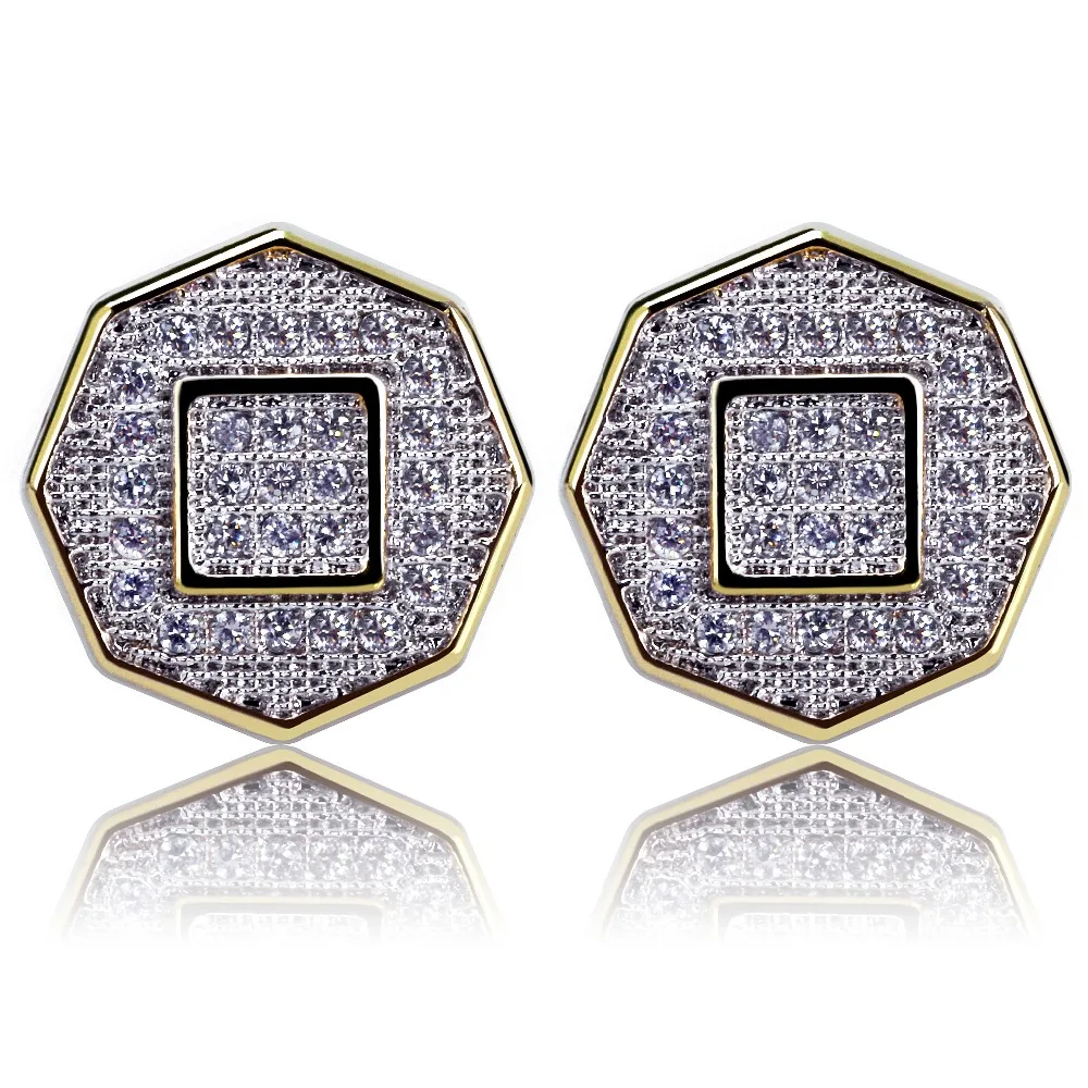 

Hip Hop Gold Color Iced Out Cubic Zircon Geometric Stud Earrings Men Women Trend Jewelry Gifts With Screw Back Buckle
