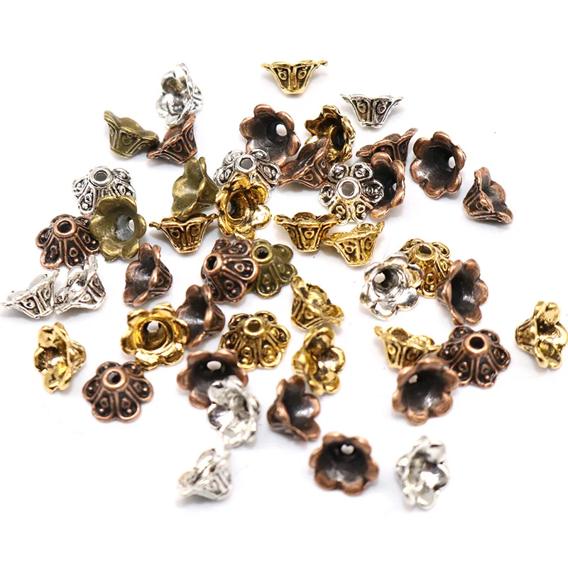 Оптовая продажа 8 мм 100 шт. тибетские посеребренные бусины с цветами