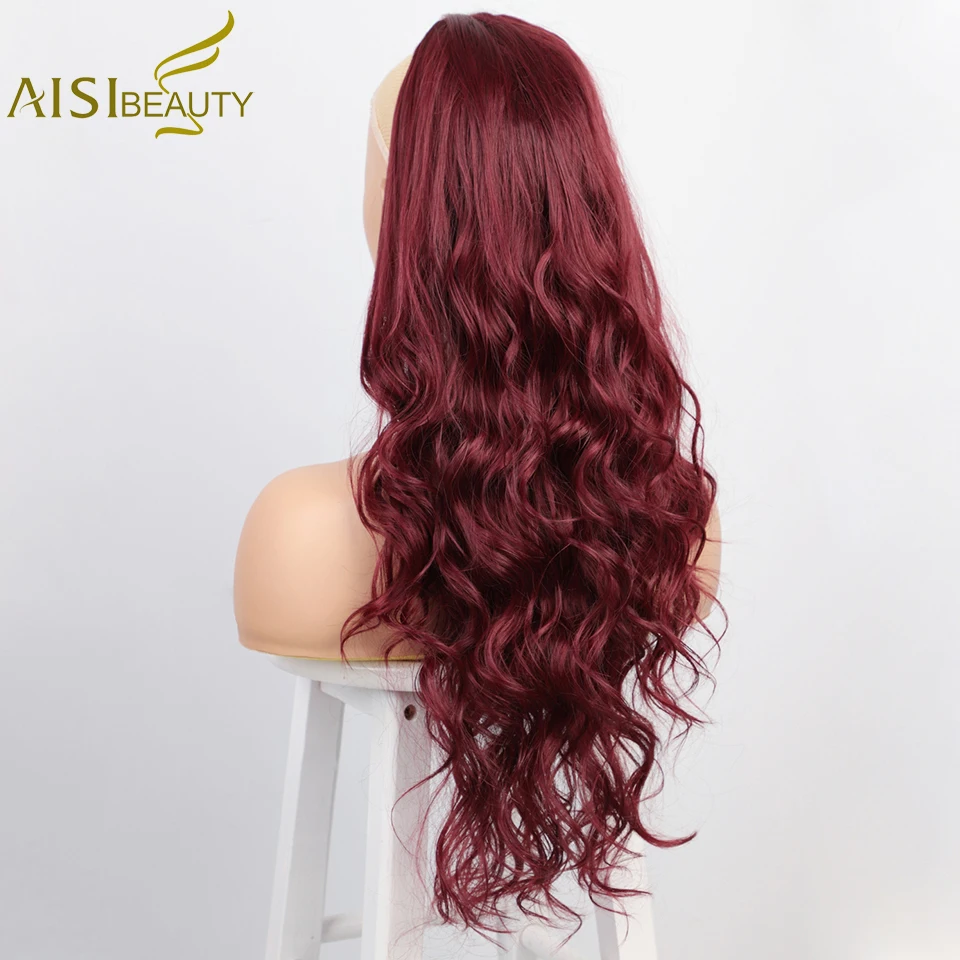 

AISI BEAUTY Red Long Body Wave Ponytail Extension Synthetic Drawstring Ponytail Clip in Hair Extensions for Women Black Blonde
