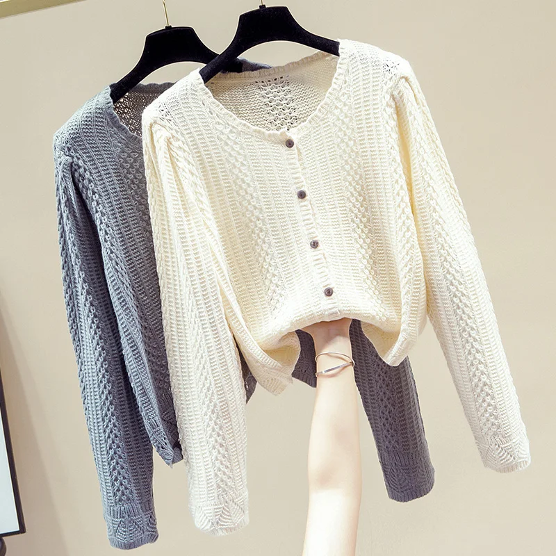 Женский трикотажный кардиган с круглым вырезом свободный белый длинным рукавом