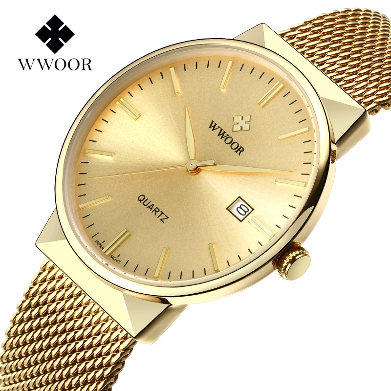 

WWOOR Brand 8826 Mesh Strap Stainless Steel Business Male Calendar Clock Simple Fashion Men Luxury Quartz Wristwatches