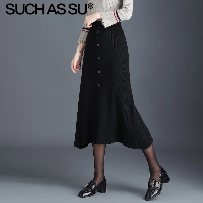 Black Skirt Новинка, Осень-зима, вязаные асимметричные юбки для женщин,, черный, серый цвет, высокая талия, юбка с эластичными пуговицами, средняя длина, нестандартная юбка для женщин - Цвет: Black Skirt
