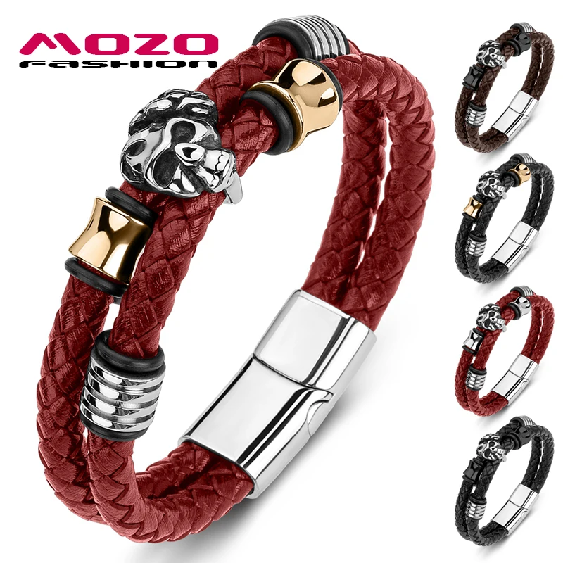 

MOZO FASHION 2021 Men Bracelets Braided Genuine Leather Stainless Steel Rose Skull Bangles Punk Skeleton Jewelry Gifts 190