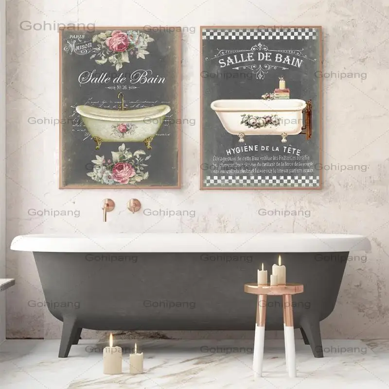 

Vintage Poster Canvas Paintings Interior French Home Wc Bathroom Decoration Pictures Print Shabby Fine Flower Bathtub Wall Art