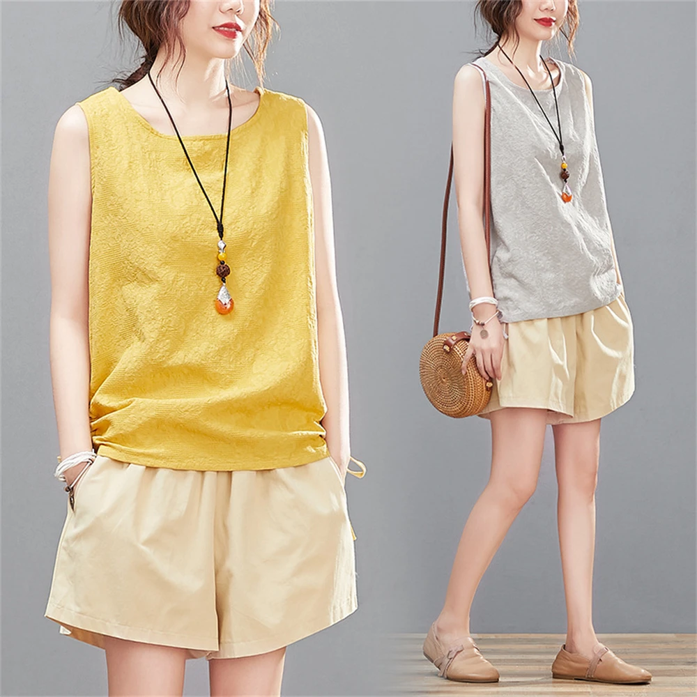 

Summer Popular Cotton And Linen Women's Suit Fashion Literary Wide-Leg Shorts Loose Sleeveless Vest Temperament Two-Piece Suit