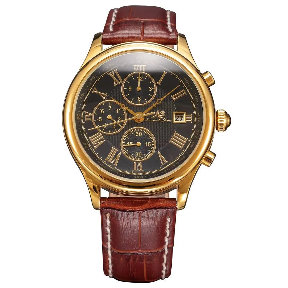 KS149 IMPERIAL KS Retro Skeleton 6 Hands Golden Case Luxury Brand Day Month Display Brown Leather Strap Men's Mechanical Watch / KS146 - Цвет: KS149