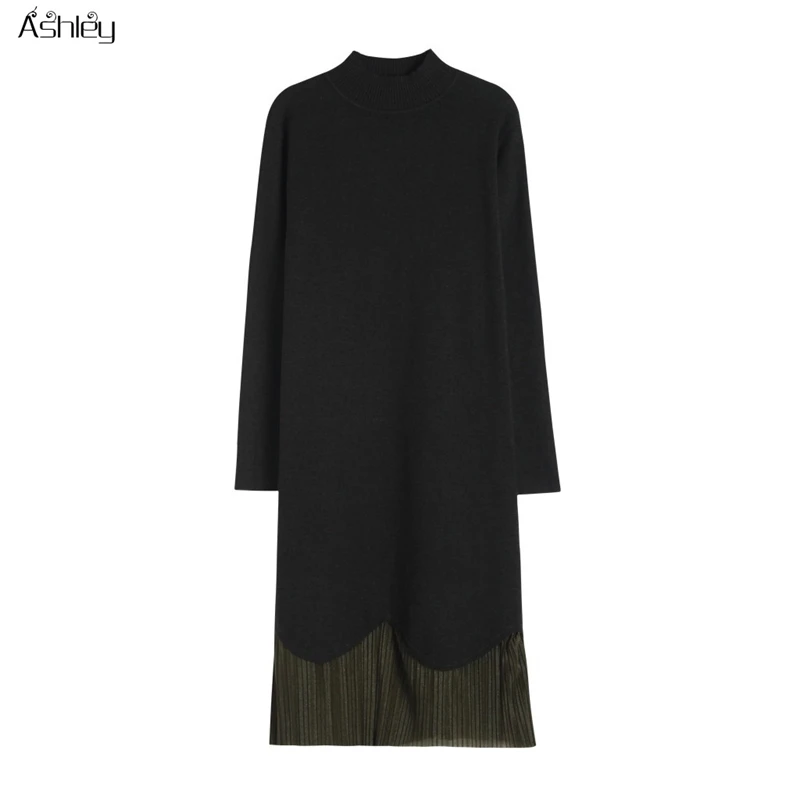 

Ashley Elegant solid long sleeve kahki knitted dress Women lace up pockets dress Casual autumn winter warm sweater dress ladies