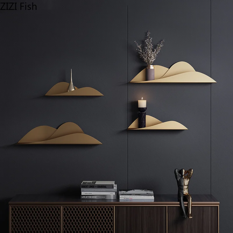 Настенная полка металлик золотые облака горный пик абстрактный фон украшение