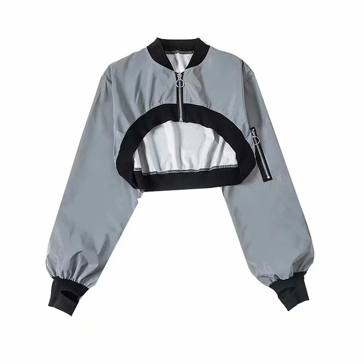 European American Style Short Sexy Jackets Hip Hop Sweet Girl Reflective Coat Loose Solid Sports Streetwear Zip Top 2021 New