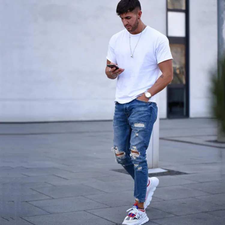 

New Skinny Jeans men Streetwear Destroyed Ripped Jeans Homme Hip Hop Broken modis male Pencil Biker Embroidery Patch Pants