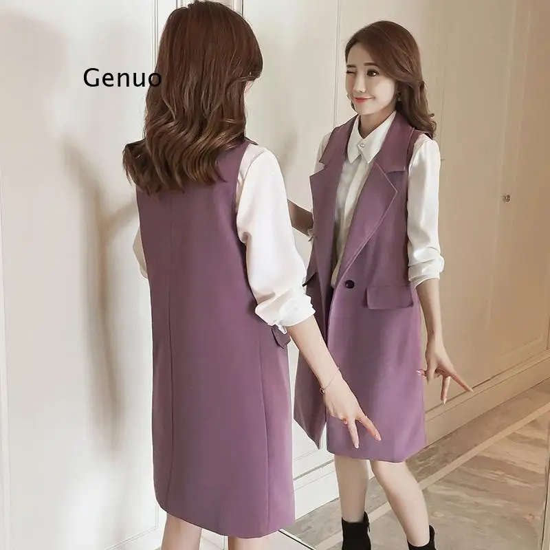 

2021 New Spring Elegant Purple Women's Vest Office Lady Korean Long Sleeveless Jacket Fashion Slim Black Female Coat Veste Femme