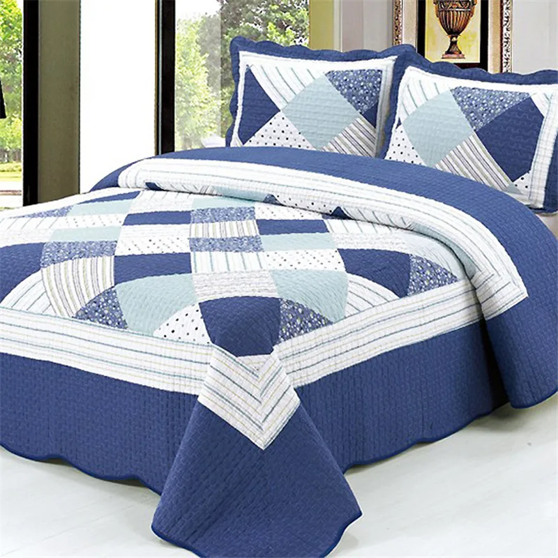 

3pcs Fashion Bedding Cotton Quilt Set Quilted Bedspread with Pillowcases Geometric Plaid Cubrecam Bed Cover Colcha Coverlet Set