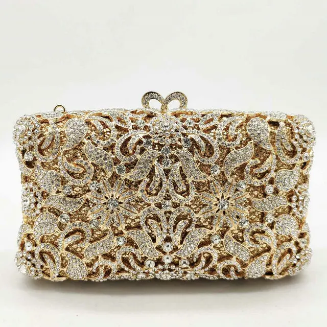 Gold Crystal Bag Boutique De FGG элегантный цветочный женский вечерний кошелек с золотыми кристаллами и сумочка для невесты, клатч с бриллиантами, сумка для свадебной вечеринки - Цвет: Gold Crystal Bag