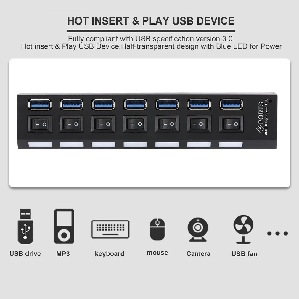 7-Порты и разъёмы USB 3,0 концентратор сплиттер с переключатель высокого Скорость 5 Гбит/с usb-хаб мульти разделители USB Поддержка 1 ТБ HDD для ПК