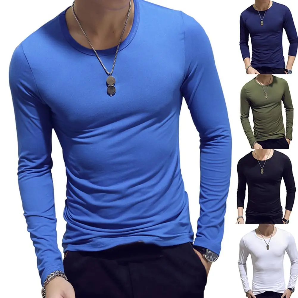 Повседневная мужская однотонная тонкая футболка с круглым вырезом и длинным