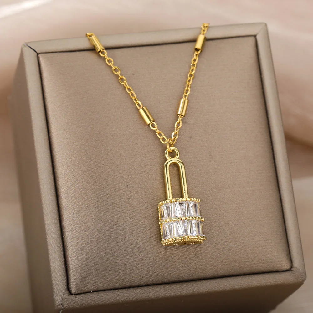 

Gold Color Zircon Lock Pendant Necklace For Women Stainless Steel Crystal Padlock Necklaces Couple Aesthetic Jewelry collares