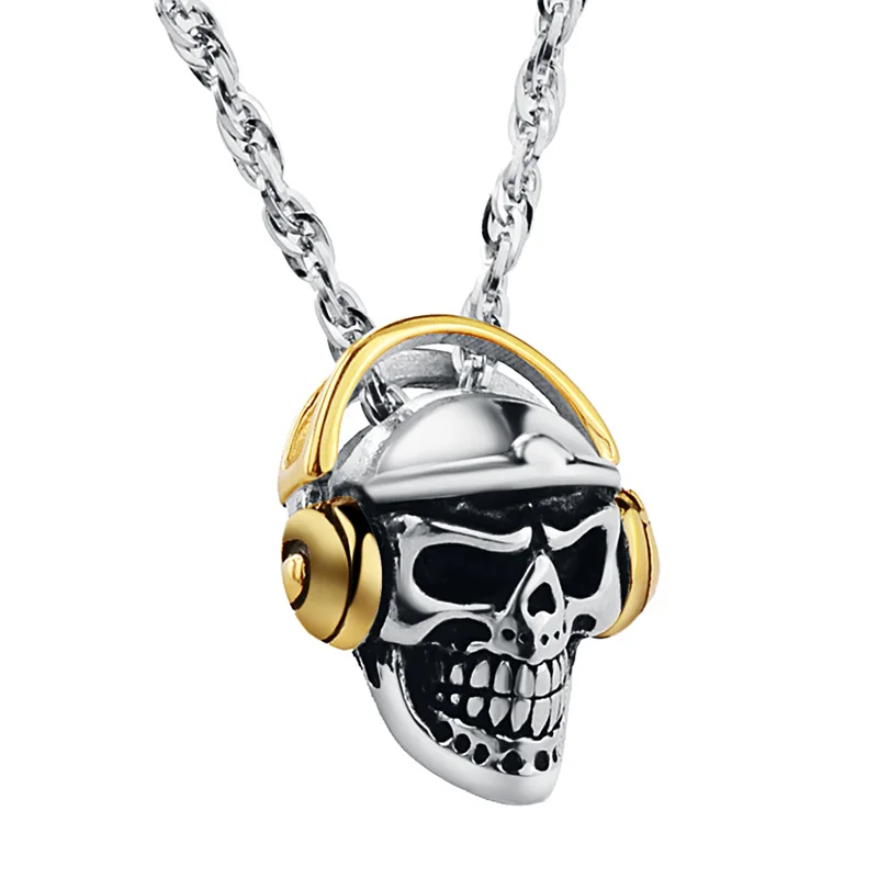 Valily Jewelry мужские Цепочки и ожерелья череп голова с bluetooth гарнитура кулон Цепочки и ожерелья Нержавеющая сталь модные золотые Earephones кулон