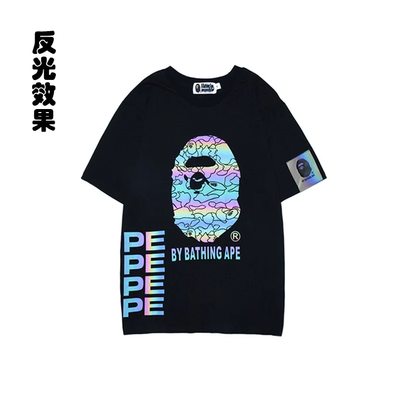 

BAPE summer new trendy brand reflective color ape head printing men's and women's short-sleeved T-shirt