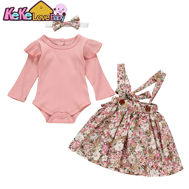 

Newborn Baby Girls Clothes Sets Long Sleeve Romper Tops Strap Flower Dress Headband 3Pcs Infant Toddler Clothing Cute Outfit Set