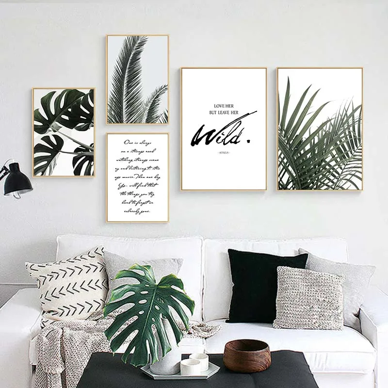 

Green Plant Leaf Poster Quotes Print Scandinavian Style Wall Art Canvas Painting
