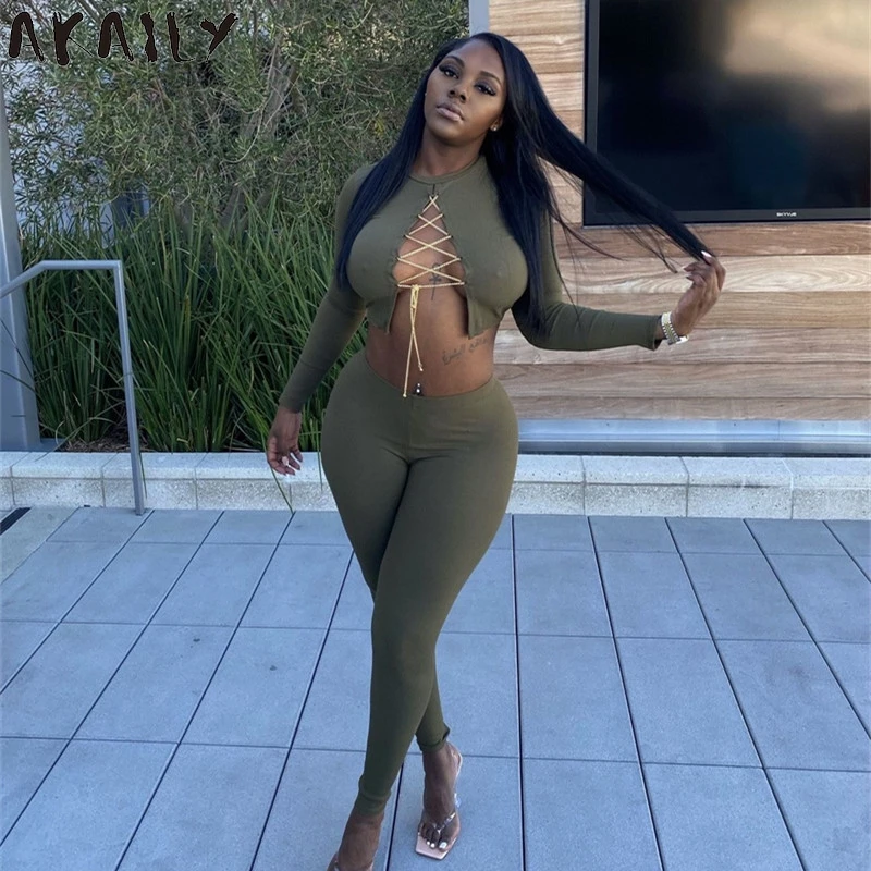 

Akaily Summer Streetwear Black 2 Two Piece Sets Womens Casual Outfits O Neck Hollow Out Bandage Crop Top Long Pants Sets Female
