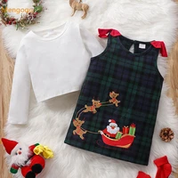 xmas kids baby girls solid top shirts plaid cartoon santa bow dress toddler children christmas clothes set 2pcs 18m 6y