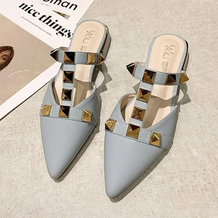 

Shoes Low Pointed Toe Rivet Ladies' Slippers Mules For Women 2021 Loafers Luxury Slides Square heel Pantofle Cover Designer Summ