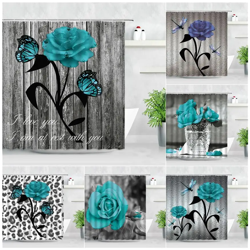 

Blue Rose Shower Curtains Flowers Butterfly Retro Wood Grain Printing Creative Fashion Modern Waterproof Bathroom Decor Curtain