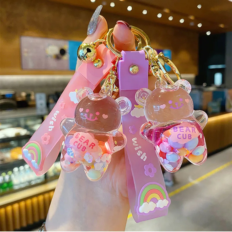 Creative New Liquid Oil Chubby Bear Quicksand Keychain Cute Floating Colorful Balloons Keyring Girl Bag Pendant Gifts Key Chain