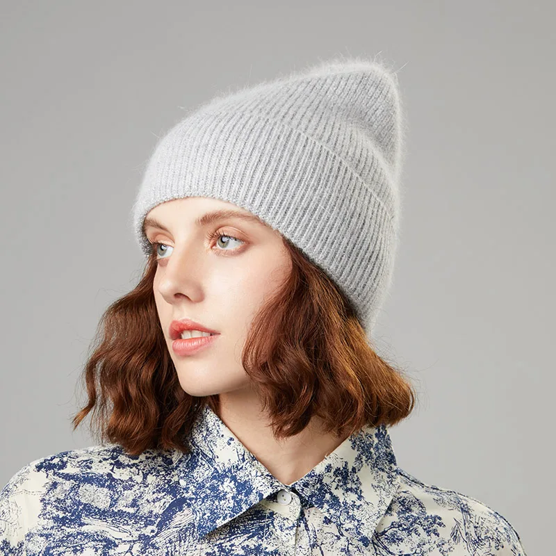 Вязаные шапки, зимние женские шапки, теплые шапки Skullies Beanies, высококачественные женские шапки из кроличьей шерсти, женская шапка - Цвет: Светло-серый