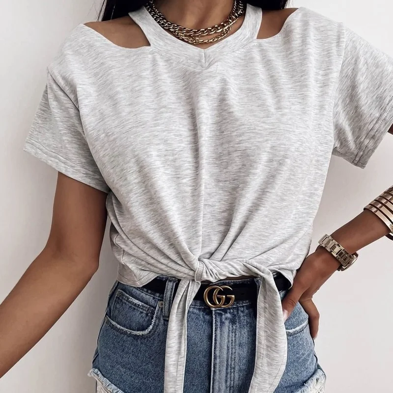 

2021 New Summer Lace Fashion Personality Round Neck Waist Bandage Pure Color Short Top Short Sleeve T-Shirt Women's Clothing