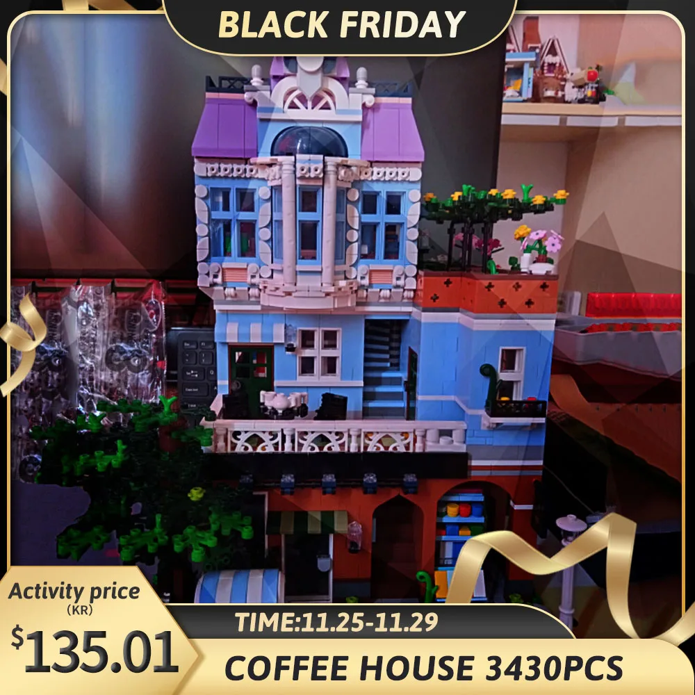 

Креативный эксперт Moc Blcoks 3430pc, уличные виды, кофейный дом, модель кафе на углу Moc, строительный блок, центр, кафе, рынок